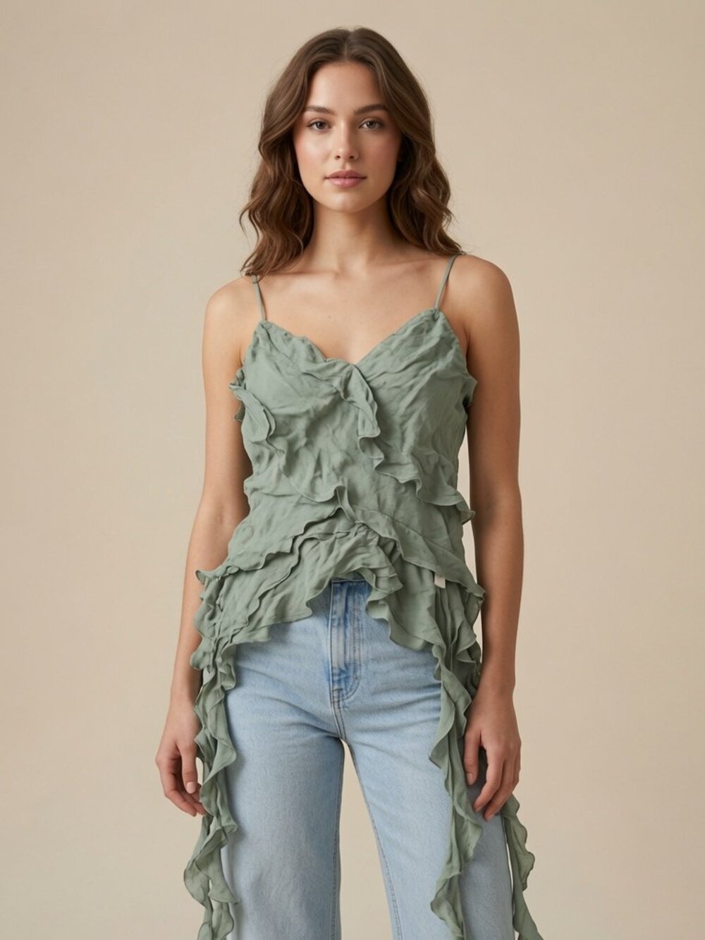 Zara Light Sage Green Ruffled Spaghetti-Strap Tank